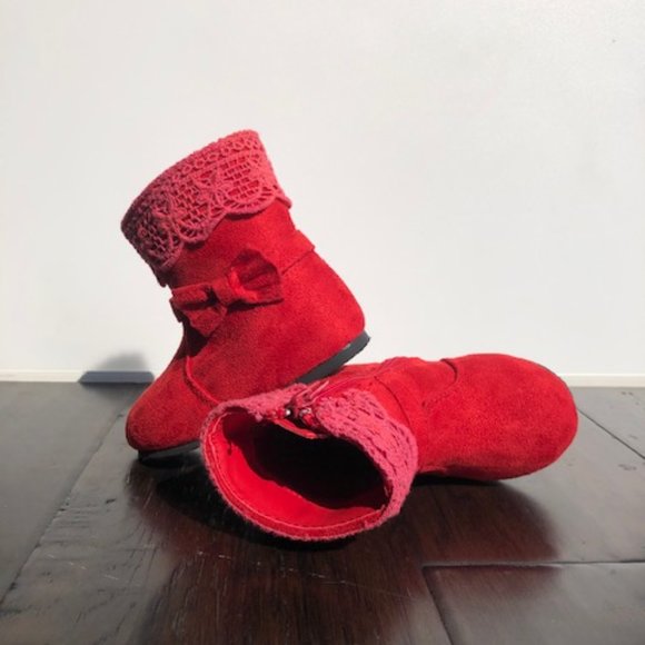 Baby Toddler Girl Faux Suede Round Toe Crochet Bow Ankle Riding Boot - Picture 9 of 12